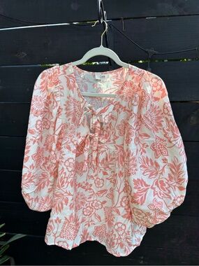 Oddi Coral Floral Tie-Neck Peasant Blouse